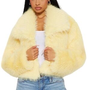 FASHION NOVA New Full Of Charisma Butter Yellow Faux Fur Jacket Coat Size Medium